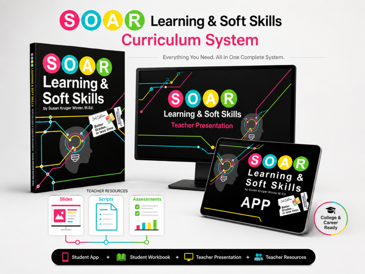 The SOAR Learning & Soft Skills Curriculum System: a student workbook, the teacher presentation on a monitor, and the student app on a tablet, with ready-to-teach teacher resources — slides, scripts, and assessments — and a College & Career Ready badge.