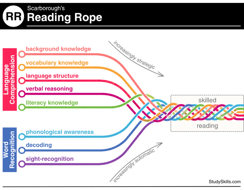 Scarborough's Reading Rope illustrating how language-comprehension and word-recognition strands weave into skilled reading, with executive function supporting comprehension.