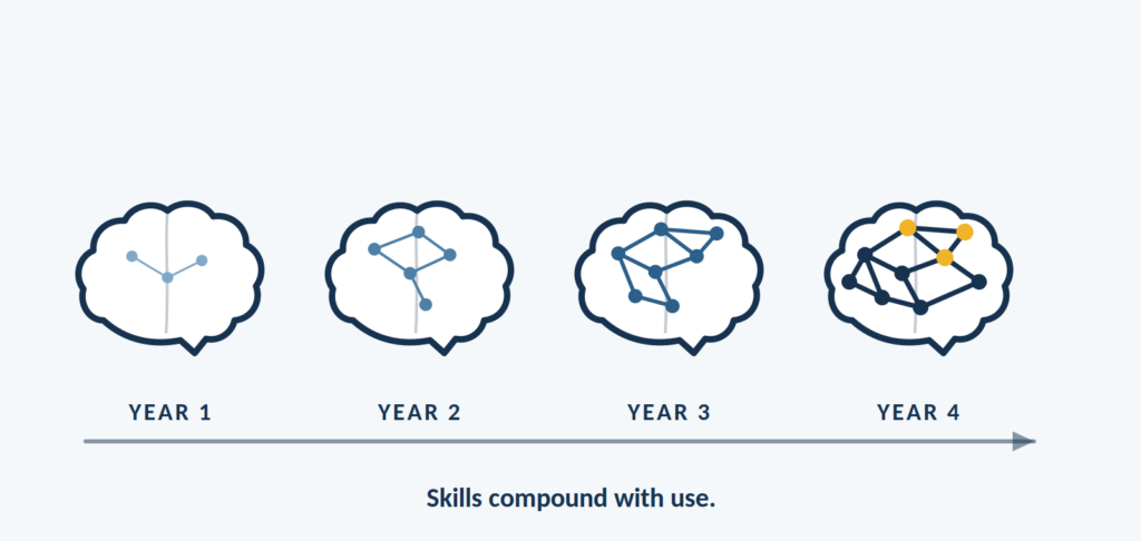 Four brain illustrations showing neural circuits growing denser from Year 1 to Year 4